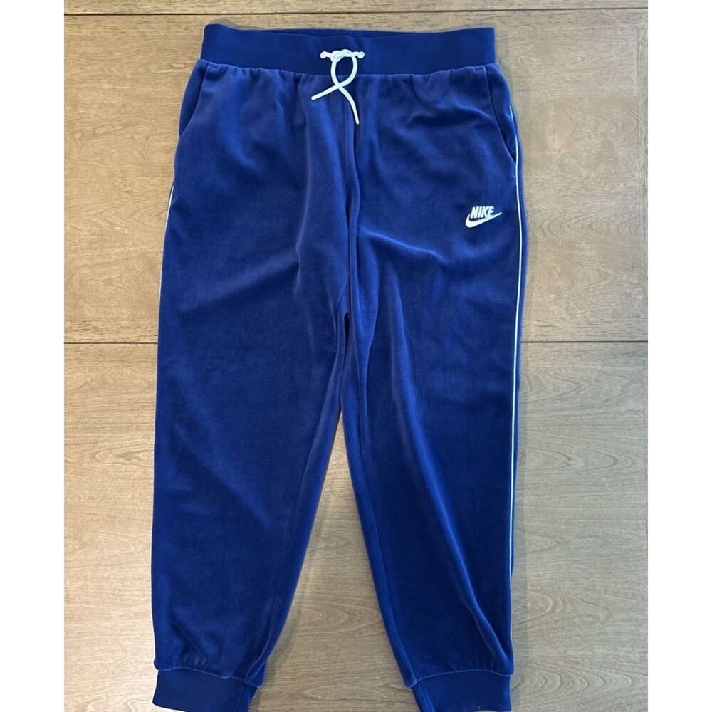 Nike Womens M Blue Velour  Joggers Pockets Sweatpants White Piping Logo